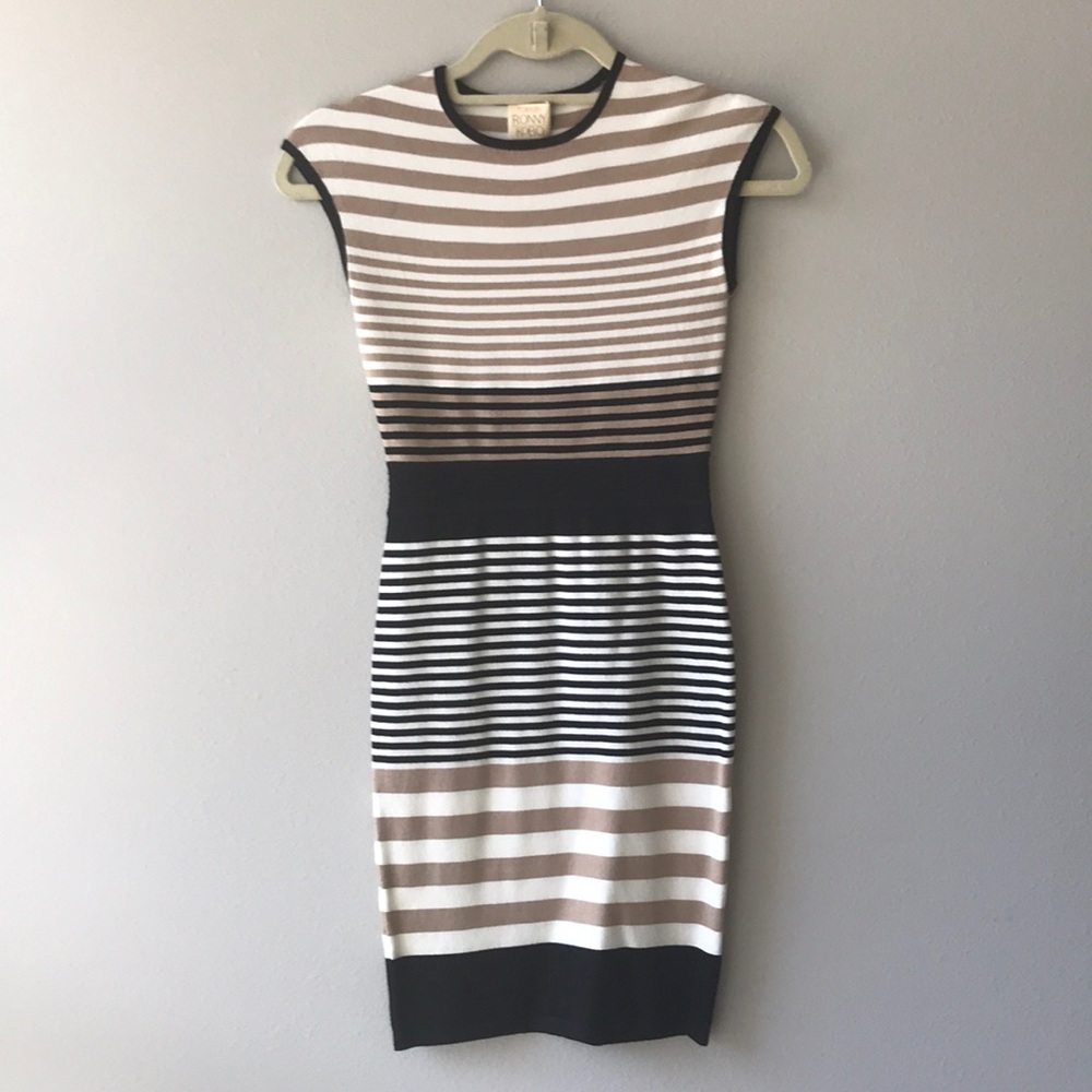 Torn by Ronny Kobo neutral fitted striped dress